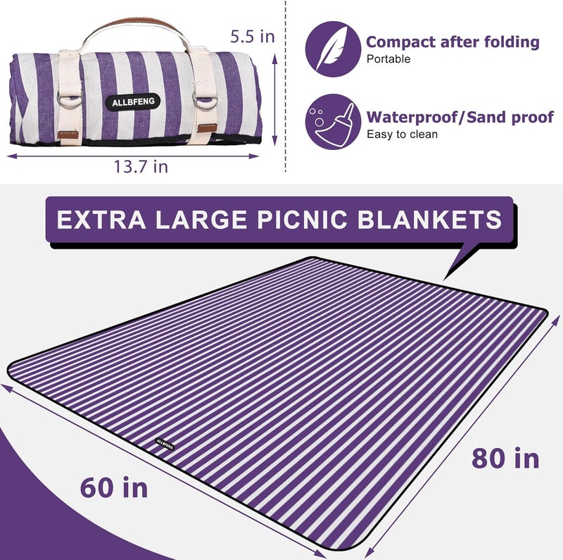 ALLBFENG 60”x 80” Picnic Blanket Waterproof and Foldable Beach Blanket, 5-Layer Outdoor Mat with Carry Strap for 6 to 8 Adults, for Camping, Park, Beach, Grass, Indoors… - Image 2